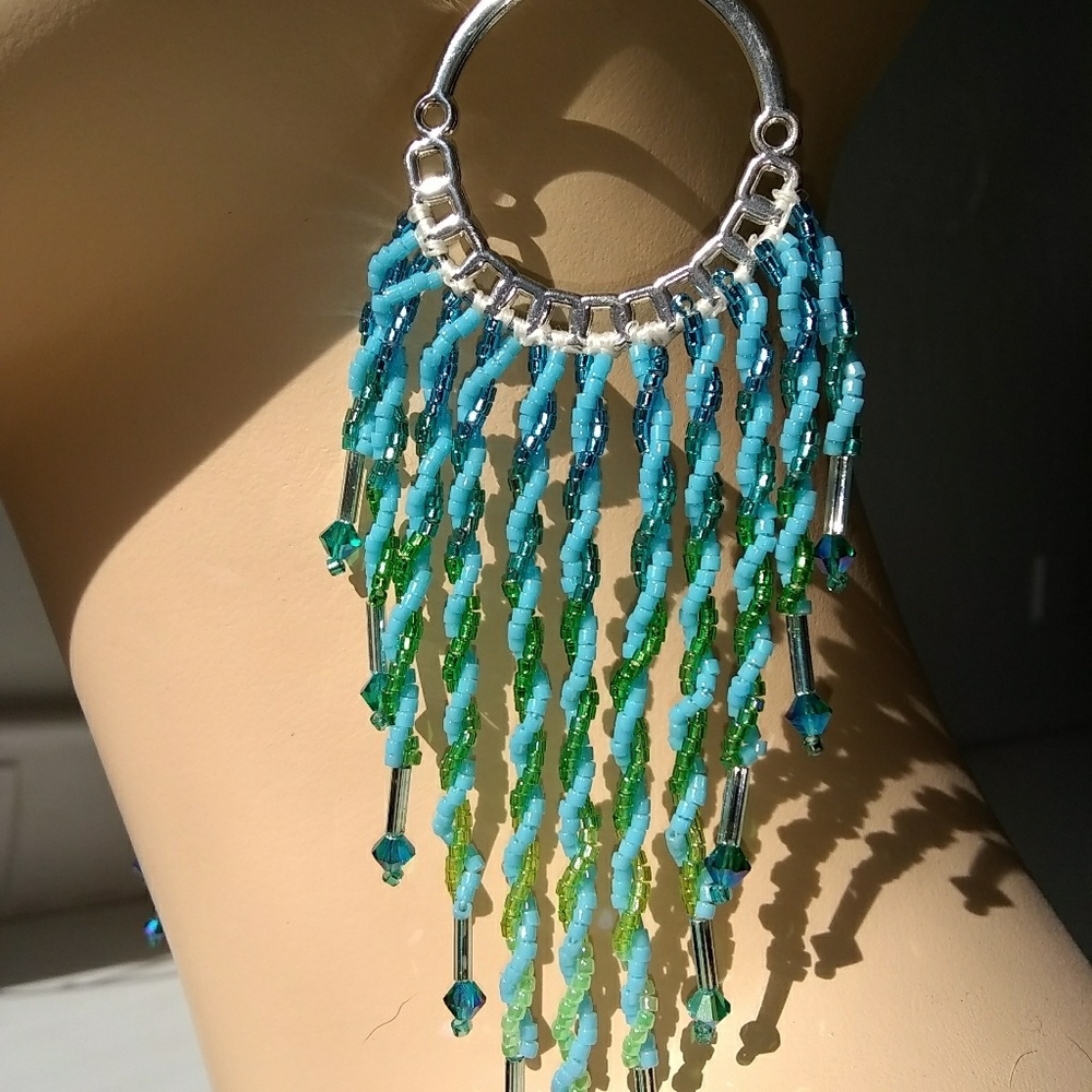 Beaded Handmade Twisted Seas Long Hoop Earrings - Picture 2 of 8